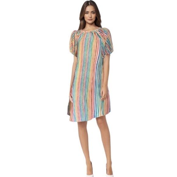 Smith & Quinn NWT Striped Dress Multicolor Stripe Puff Short Sleeve Button Front - Picture 1 of 14